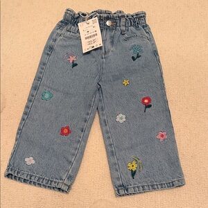 Zara Kids Blue Jeans with Floral Embroidery